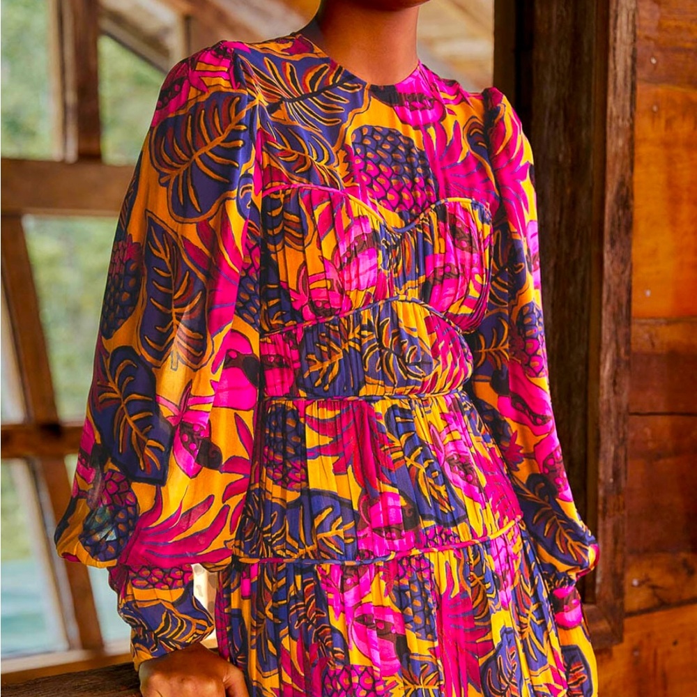 FARM Rio Yellow Fruit Long Sleeve Mini Dress